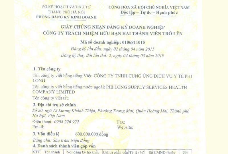 Giấy chứng nhận đăng ký doanh nghiệp - Công ty TNHH cung ứng dịch vụ y tế Phi Long